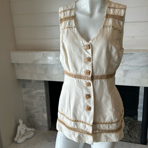 Vintage Nina K David Cline Ivory & Tan Crochet Inset Vest or Top Size 10 - Picture 2 of 10